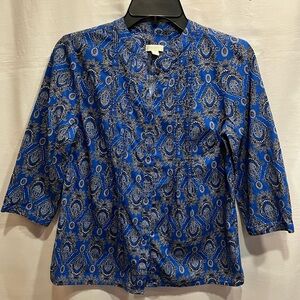Talbots Three Quarter Sleeve Button Up Blouse Royal Blue Paisley Size Petite